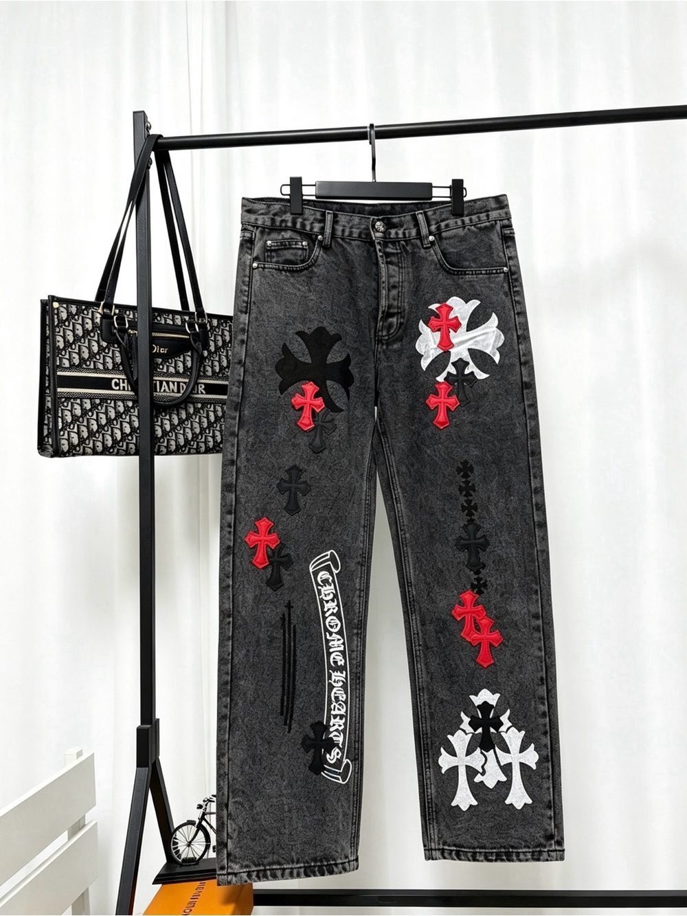 Black Patchwork Cross Embroidered Jeans - Women's